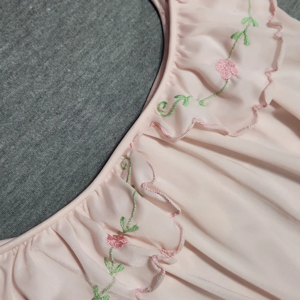 Vintage Ruffle Satin Floral Embroidered Lingerie Chemise Nightgown Slip Dress - Picture 6 of 10